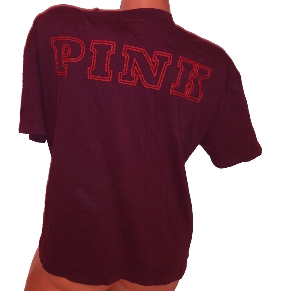 Victoria Secret PINK Crop Top Burgundy Logo Short Sleeve V Neck sz M 100% Cotton